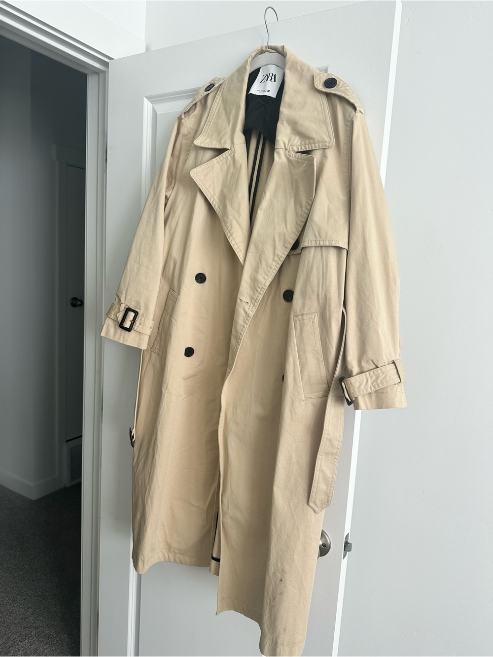 Zara Women's Long Cotton Trench in Light Camel